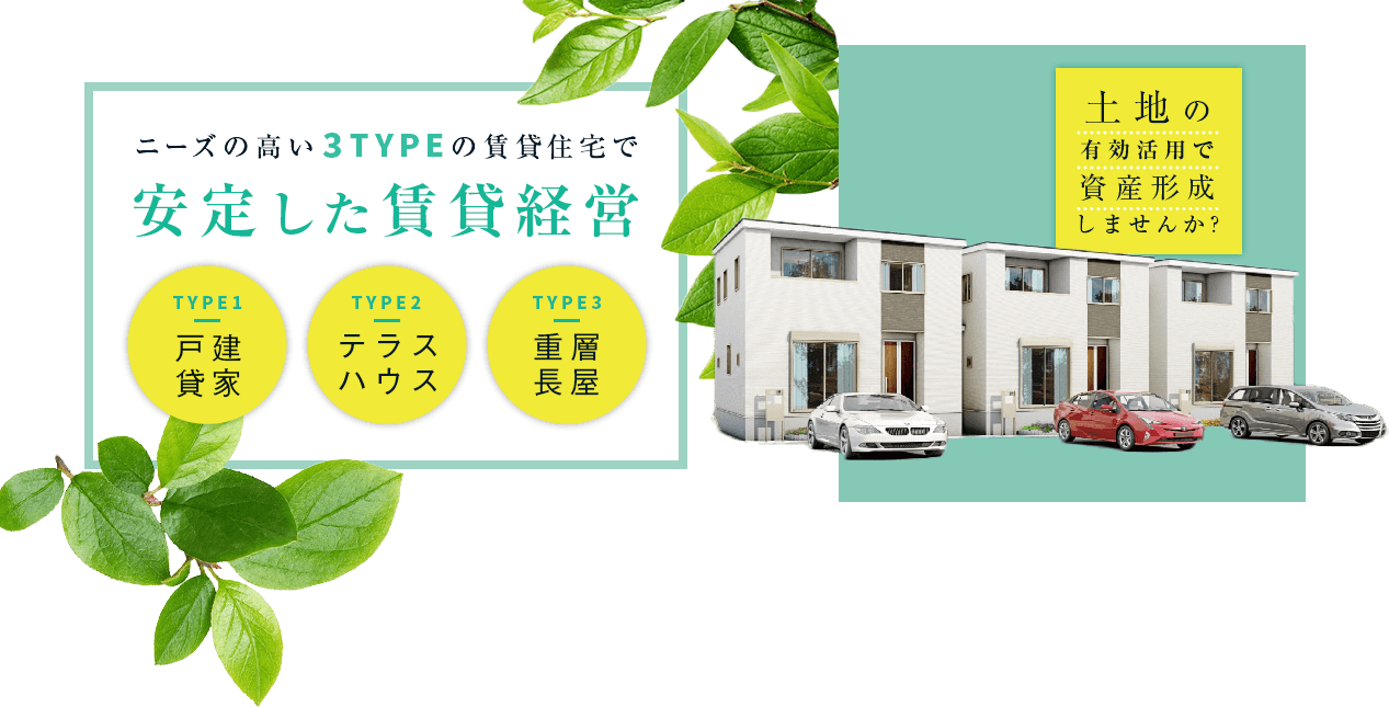 ニーズの高い3TYPE（1戸建貸家　2テラスハウス　3重層長屋）の賃貸住宅で安定した賃貸経営　土地の有効活用で資産形成しませんか