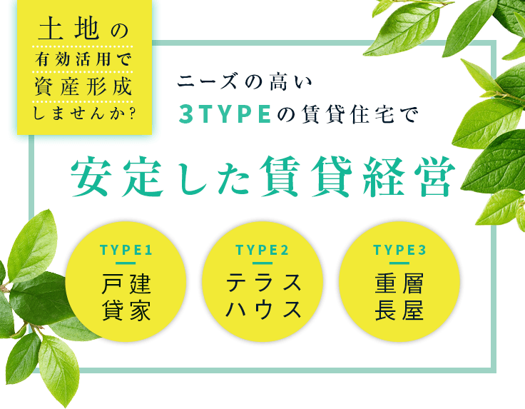 ニーズの高い3TYPE（1戸建貸家　2テラスハウス　3重層長屋）の賃貸住宅で安定した賃貸経営　土地の有効活用で資産形成しませんか