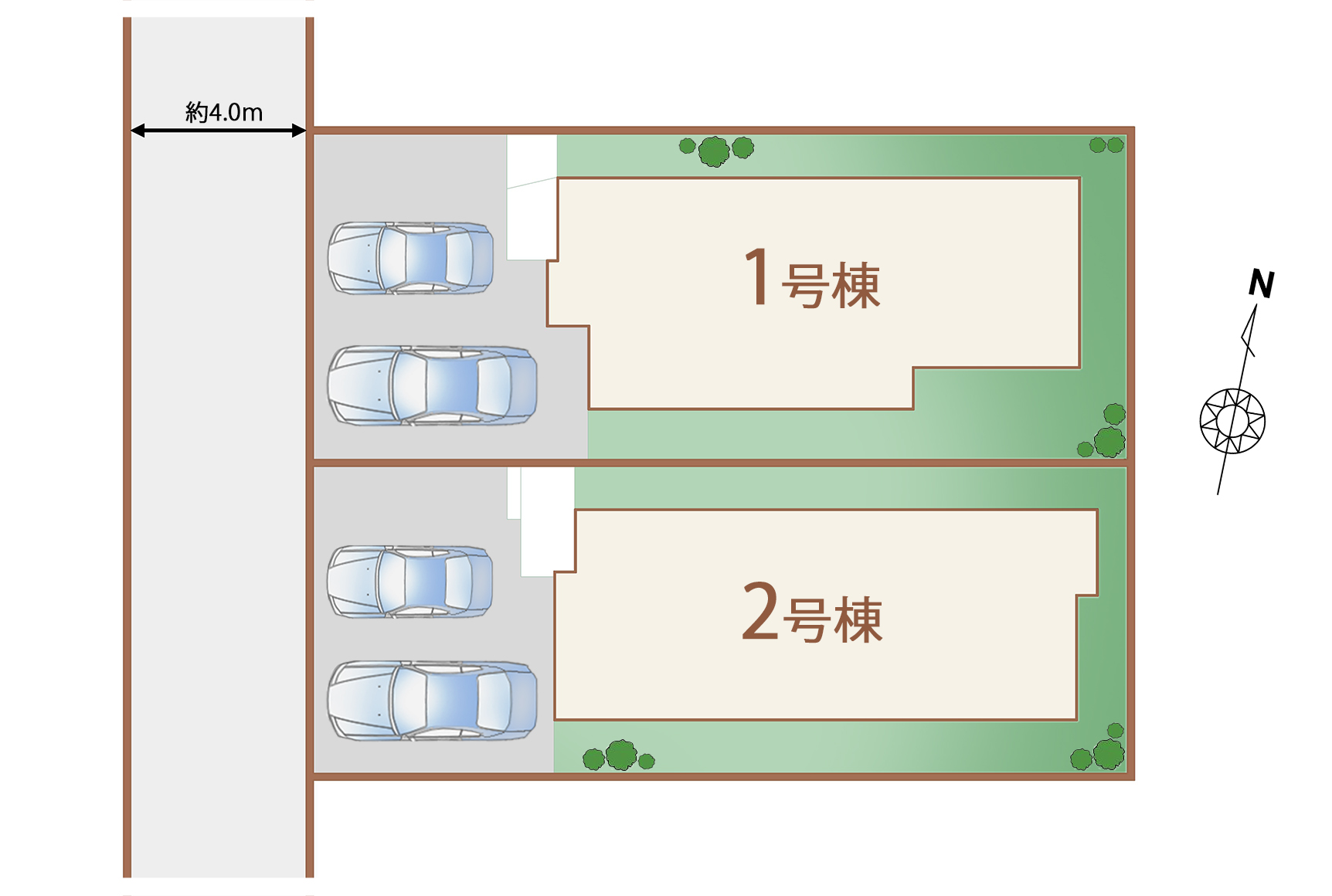 各棟並列2台駐車可能なカースペースを標準装備！
前面道路も一般的な道路幅約4ｍなので新生活に申し分なし！！今のうちからぜひぜひご検討ください♪