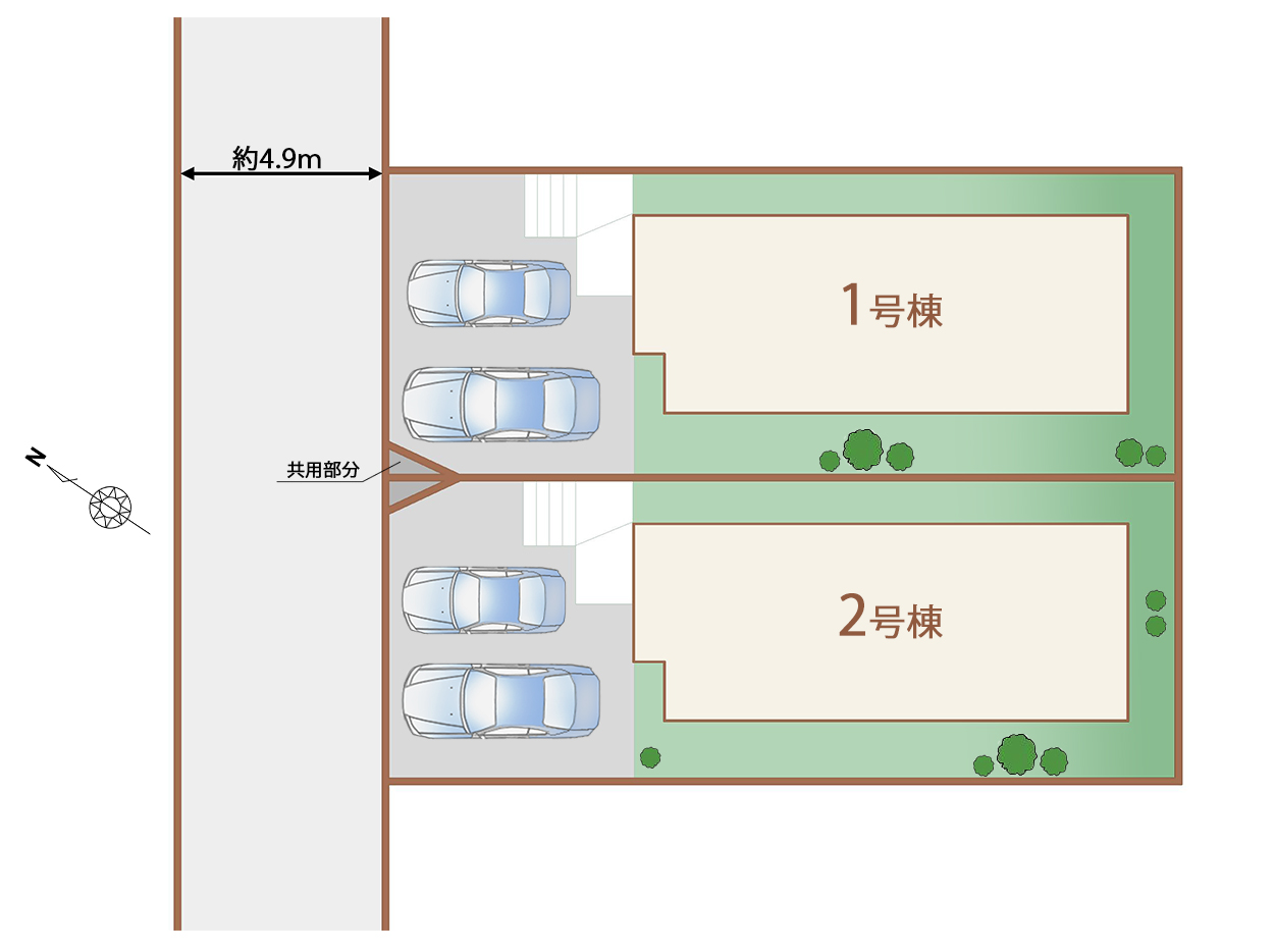 【区画図】各棟2台駐車可能なカースペースを標準装備！前面道路も一般的な道路幅約4.9ｍなので新生活に申し分なし！！今のうちからぜひぜひご検討ください♪