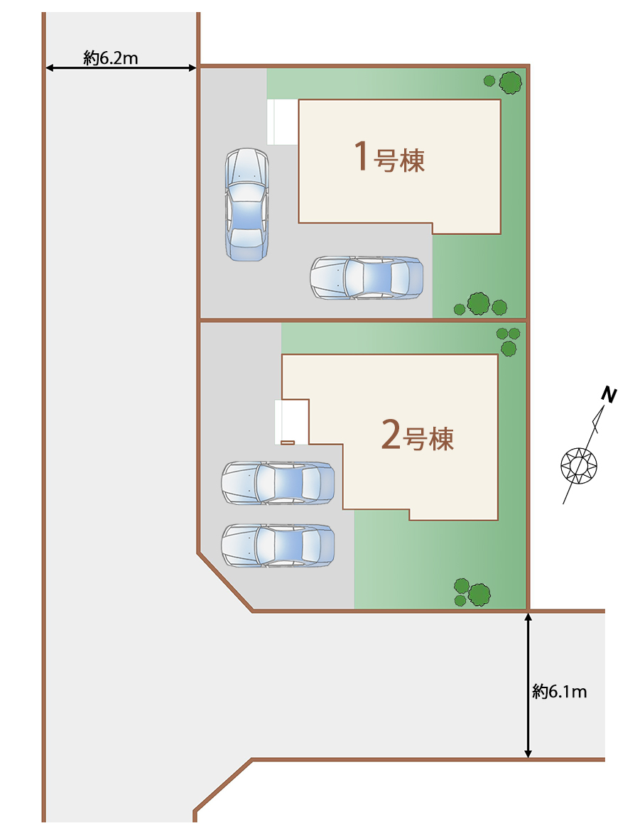 各棟2台駐車可能なカースペースを標準装備！
前面道路も一般的な道路幅約6.1ｍなので新生活に申し分なし！！
今のうちからぜひぜひご検討ください♪