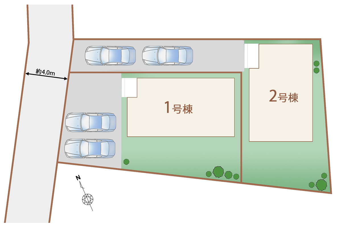各棟最大3台駐車可能なカースペースを標準装備！
前面道路も一般的な道路幅約4ｍなので新生活に申し分なし！！