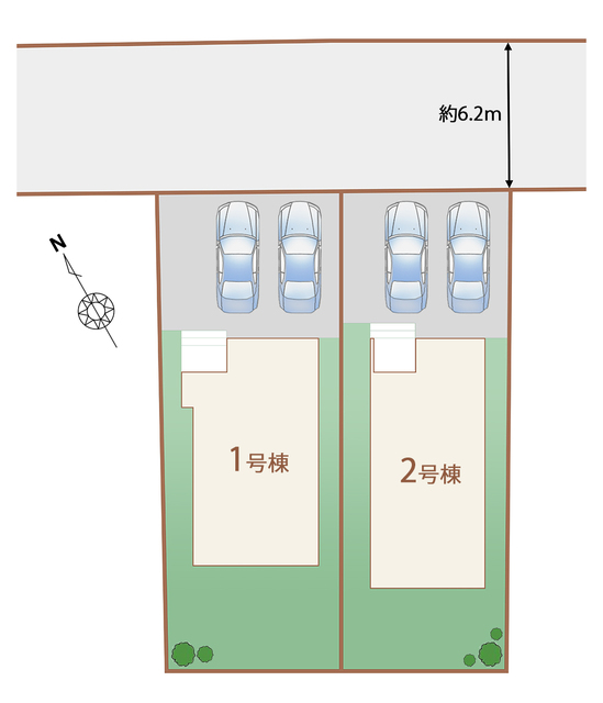 並列2台駐車可能なカースペースがございます！
前面道路の幅員も約６ｍありますので駐車が苦手な方もラクラク駐車が可能ですね♪