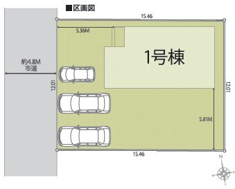 １号棟区画図。
駐車は車種により並列３台可能。
お庭も広く確保しております。