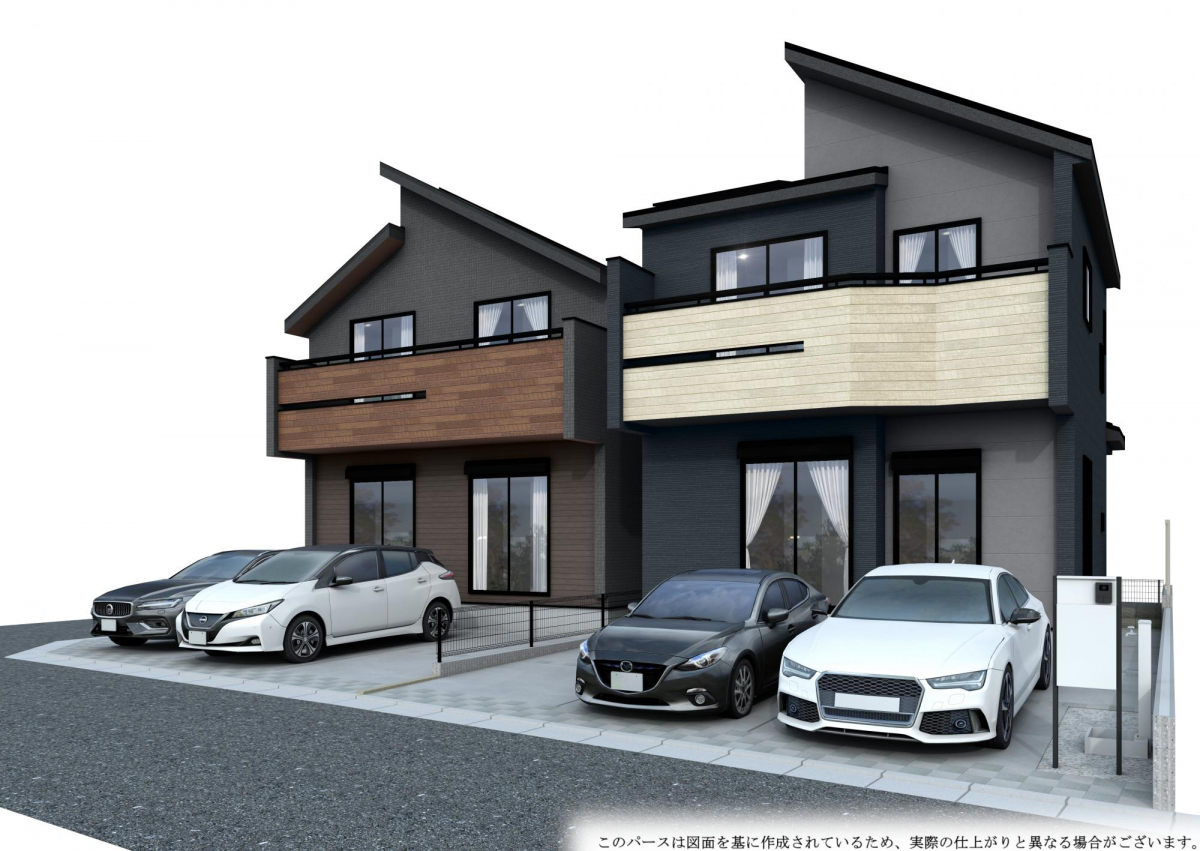 外観写真（2026年3月7日撮影） 接道南道路につき日当たり良好。2棟ともに普通車2台駐車可能です。