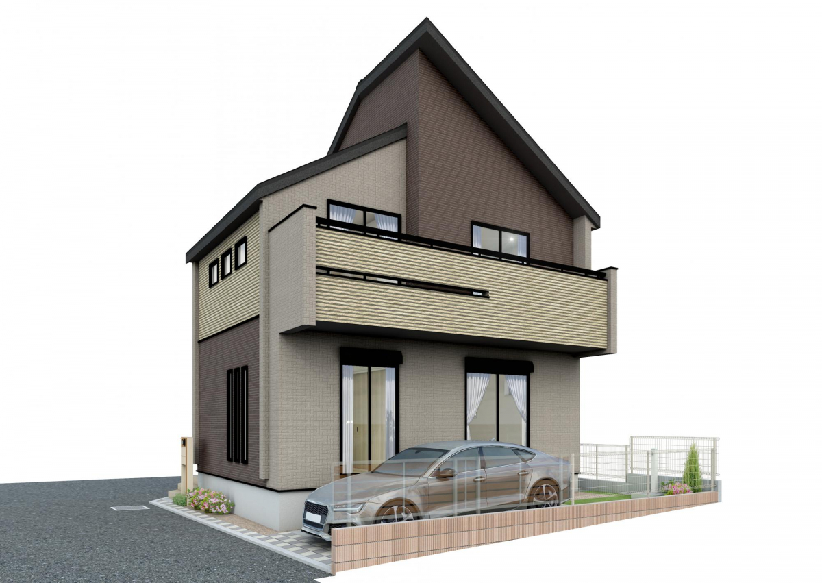 【完成予想図（外観パース）】 開放感のある北西角地につき、陽当り良好◎耐震性と機能性を兼ね備えた、こだわりのデザイン住宅が誕生します。周辺環境とあわせて、ぜひ現地をご見学くださいませ。