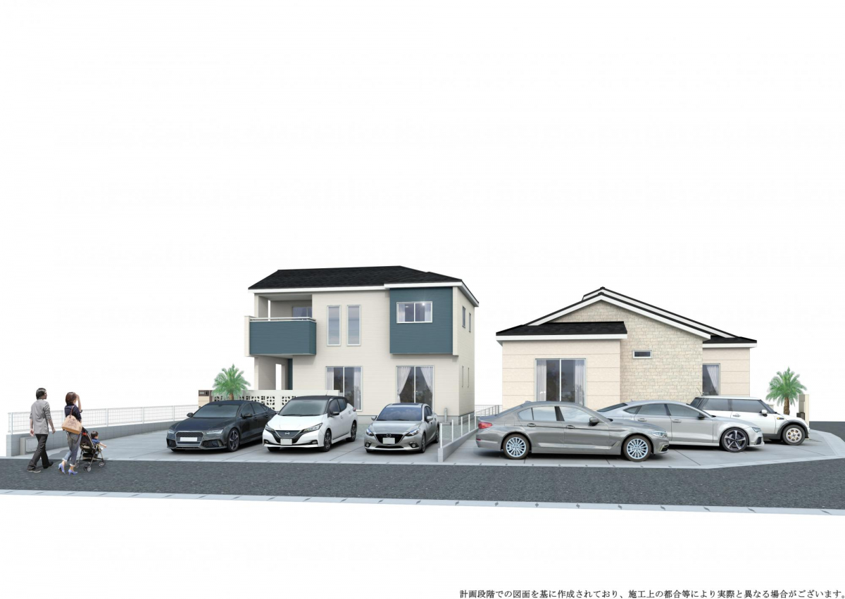 完成予想図:1号棟（左）、2号棟（右・平屋） 