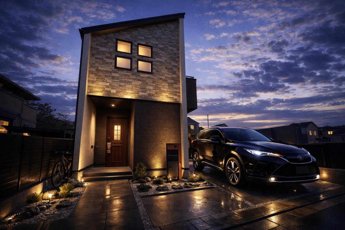 【外観】（※車、自転車、一部外構をCGで加工しています。）  低層住宅が整う古千谷本町3丁目の街並みに調和する外観デザイン。住環境の質を映すような、落ち着きと品のある佇まいが印象的です。