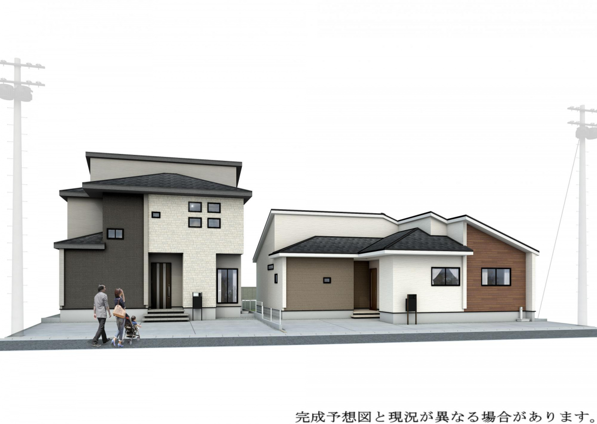 【外観完成予想図】 左:（2）号棟【2階建て】/右:（1）号棟【平屋】