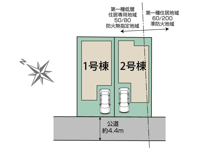 伊勢崎市高森台1丁目2棟 区画図 【販売中物件：1号棟、2号棟】