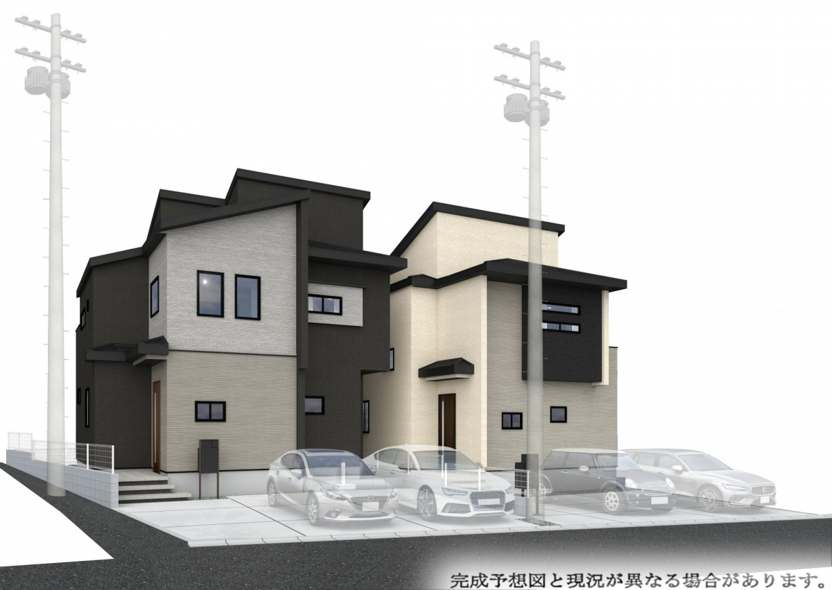 【外観完成予想図（右1号棟、左2号棟）】 全2棟、「4LDK」＋2台分のカースペース付き（車種による）！耐震等級3取得＋制震ダンパーを搭載した、永く快適に暮らせる住まいです。