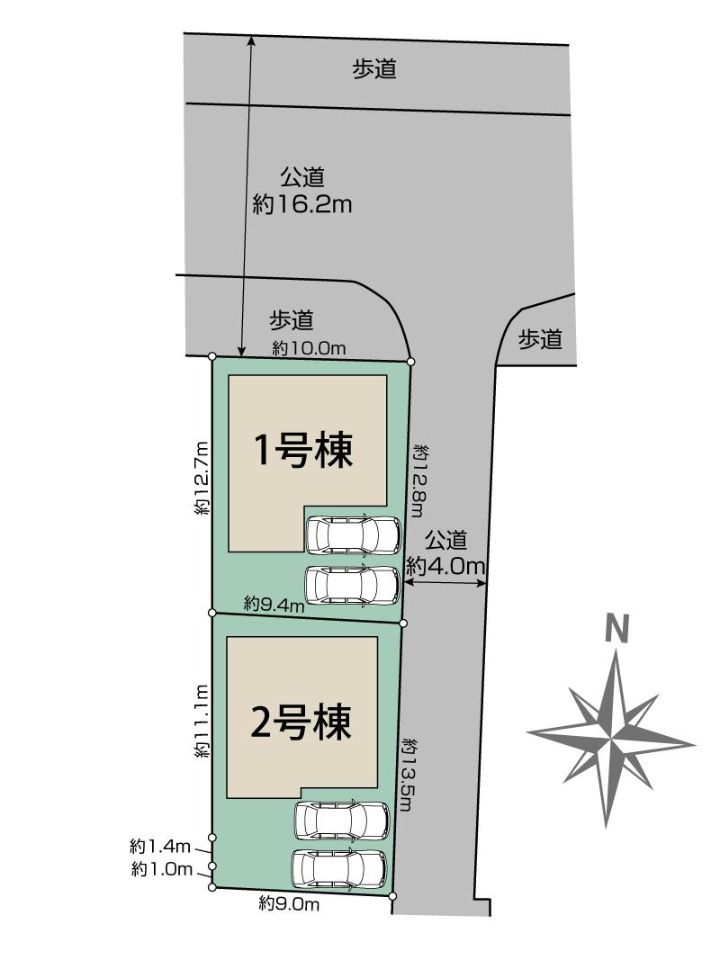 天理市前栽町2棟 区画図 【販売中物件：1号棟、2号棟】
