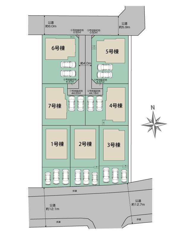 大野城市大城3丁目7棟 区画図 【販売中物件：1号棟、2号棟、3号棟、4号棟、5号棟、6号棟、7号棟】