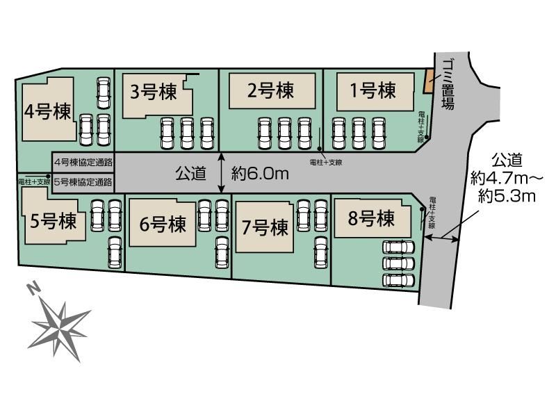 安達郡大玉村大山行屋8棟 区画図 【販売中物件：1号棟、2号棟、3号棟、4号棟、5号棟、6号棟、7号棟、8号棟】