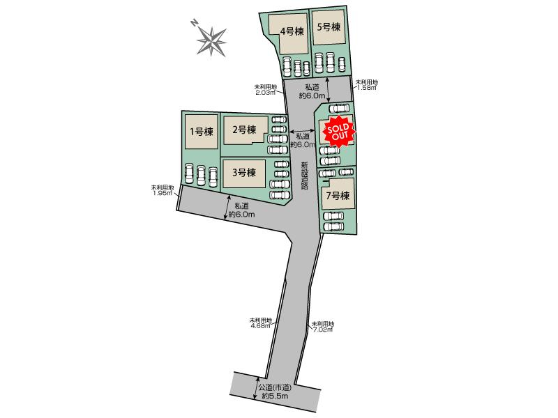 うるま市川田7棟 区画図 【販売中物件：1号棟、2号棟、3号棟、4号棟、5号棟、7号棟】