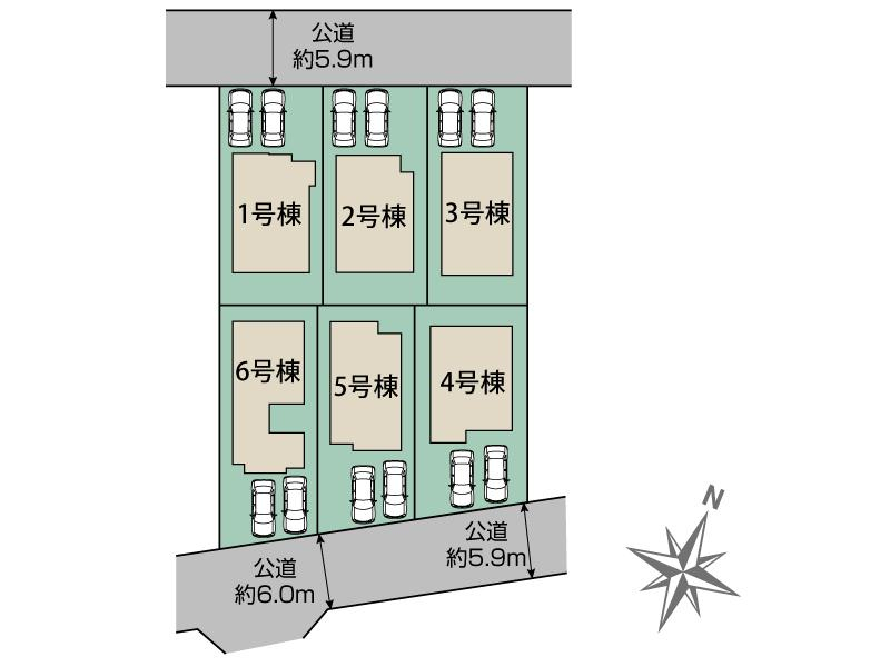 名古屋市緑区東神の倉1丁目6棟 区画図 【販売中物件：1号棟、2号棟、3号棟、4号棟、5号棟、6号棟】