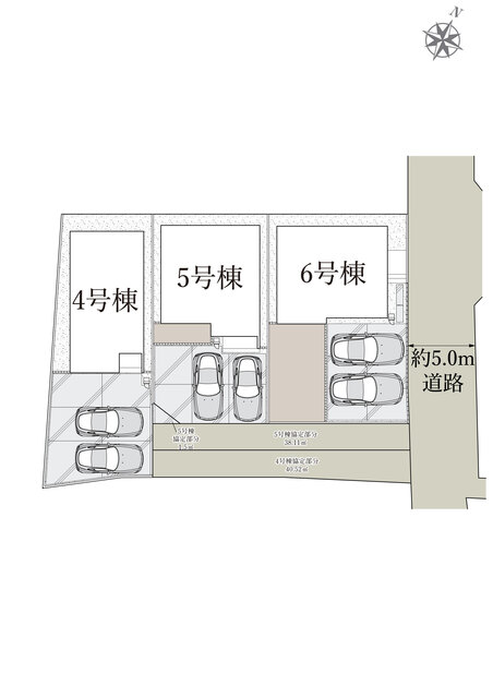 【前面道路幅約5.0m×全棟車2台駐車可】東側道路に接するゆとりある区画設計！全棟にカースペース2台分を確保しており、毎日の車移動や来客時も安心です。すっきりとした配置で暮らしやすい住環境。