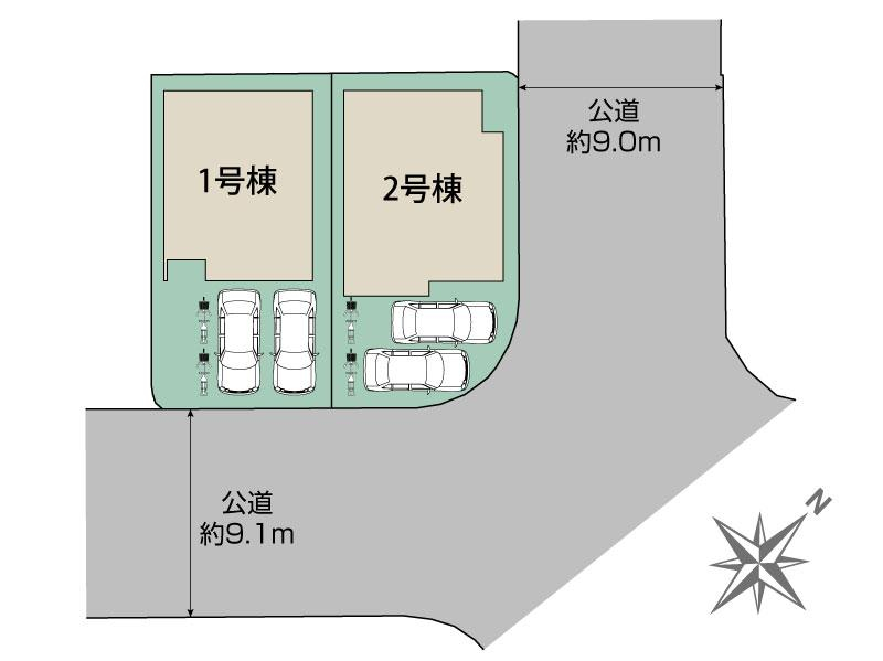 広島市安佐北区口田2丁目2棟 区画図 【販売中物件：1号棟、2号棟】