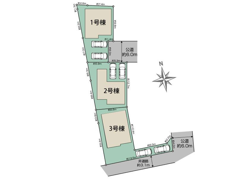 天理市平等坊町3棟 区画図 【販売中物件：1号棟、2号棟、3号棟】