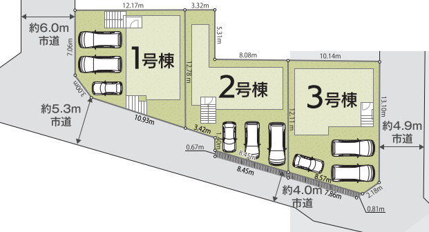 【販売中物件：1号棟、2号棟、3号棟】