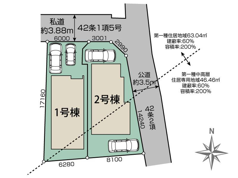 大津市弥生町2棟 区画図 【販売中物件：1号棟、2号棟】