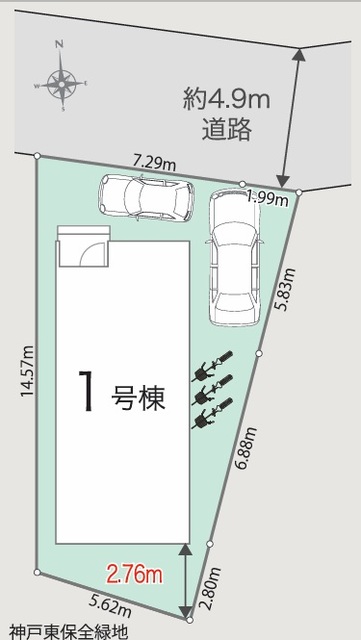 1号棟　区画図面　駐車スペース2台あり