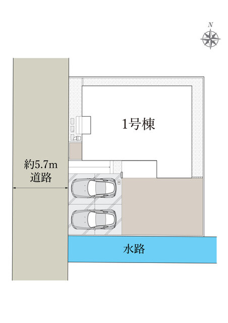 １号棟　区画図面　敷地面積広々な平屋　駐車スペース2台あり