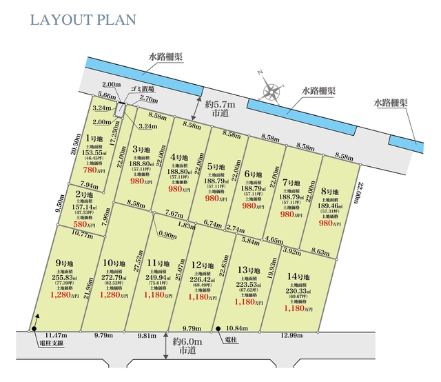 全体区画 【販売中物件：1区画、2区画、3区画、4区画、5区画、6区画、7区画、8区画、9区画、10区画、11区画、12区画、13区画、14区画】